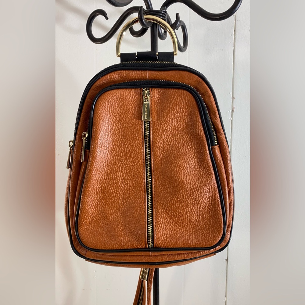 Valentina Italiana Elegant Pebbled Tan and Black Leather Backpack